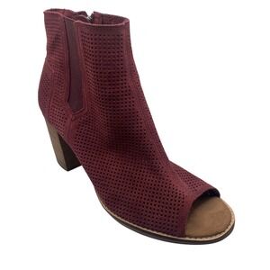 TOMS Burgundy Majorca Suede Peep Toe Ankle Boots Block Heel Women's 9 Boho